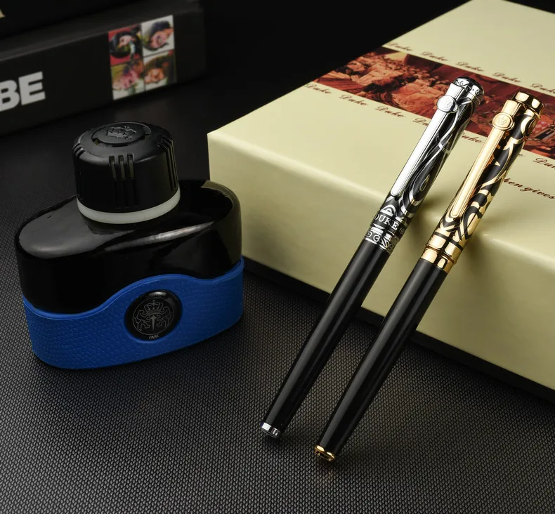 Duke High Quality Black and Gold 0.5mm Fountain Pen with a Bottle Ink Pens Set for Christmas Gift Free Shipping