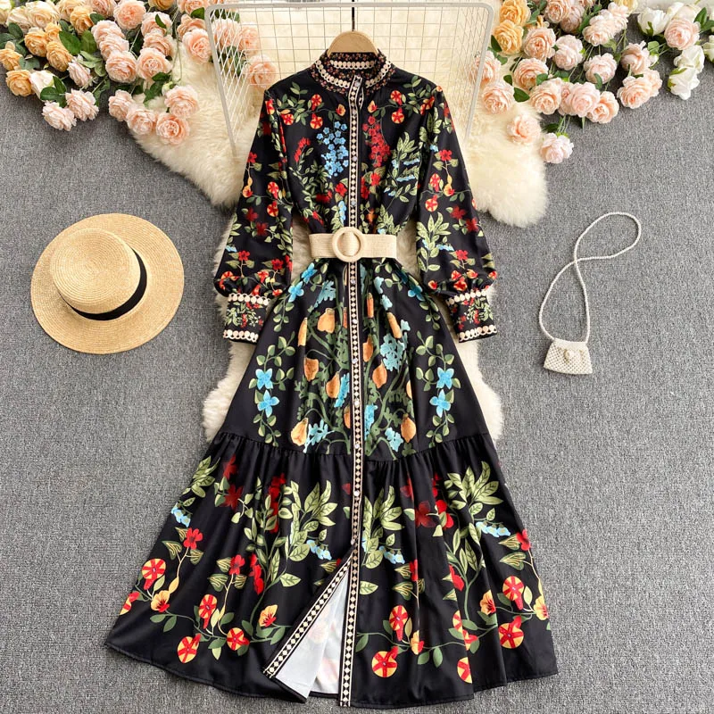 

Women's Spring Summer Runway Fashion Long Sleeve Vintage Print Dress Female High Waist Belt ChicTravel Beach Party Dress TB1911