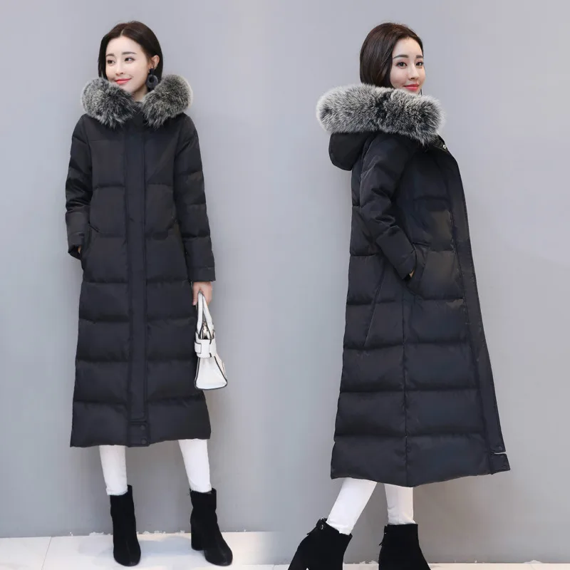 Down Thick Warm Women's Jacket with Large Fox Fur Hooded Korean Winter Duck Down Coat Male Ladies Long Coat Hiver LAN1011