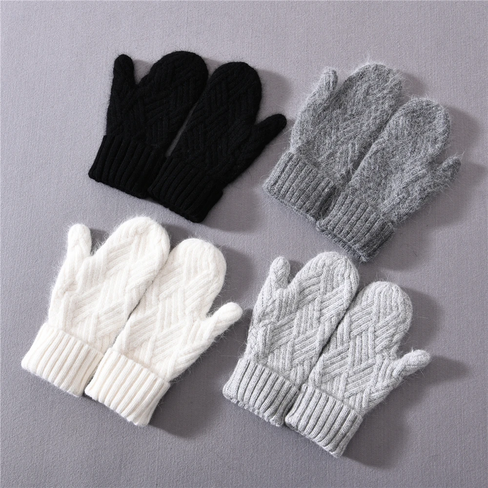 Jxwatcher Women Cashmere Knit Mittens High Quality Winter Female Wool Thickening Plush Fashion Warm Full Finger Gloves Female