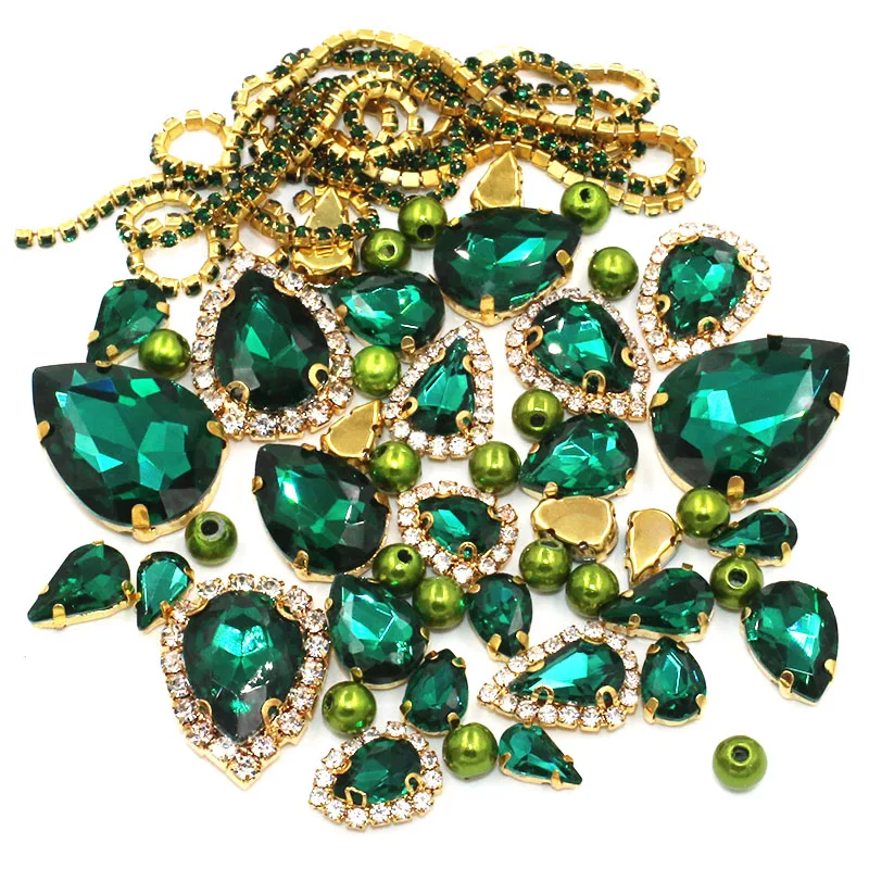 Wedding Decoration gold base Peacock green Mix size Glass Crystal Stones Pearl Beads Cup Chain Rim Rhinestones Sew On Clothing