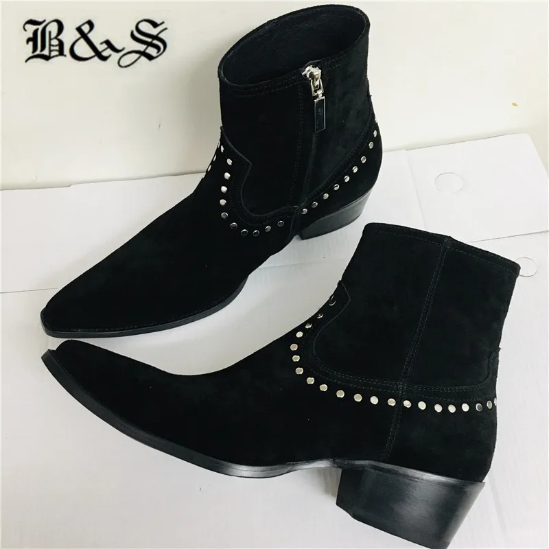 

Black& Street 2020ss Rivet suede Leather wedge Pointed Toe Chelsea Men Boots spike stud denim handmade Boots