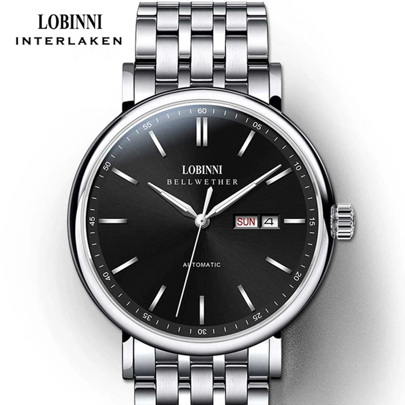 LOBINNI Men Business Automatic Watches Stainless Steel Strap Mechanical Watch Date Week Sapphire Glass Waterproof 50M Watch