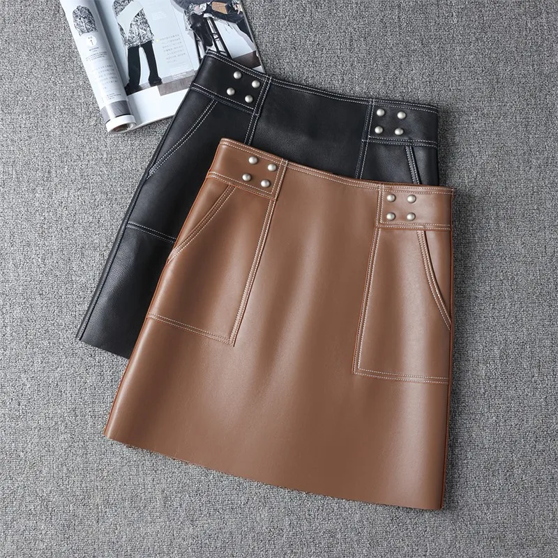 

Women Fashion New Harajuku Sheepskin Leather Short Skirt Rivet Pocket A-line Sexy Mini White Solid