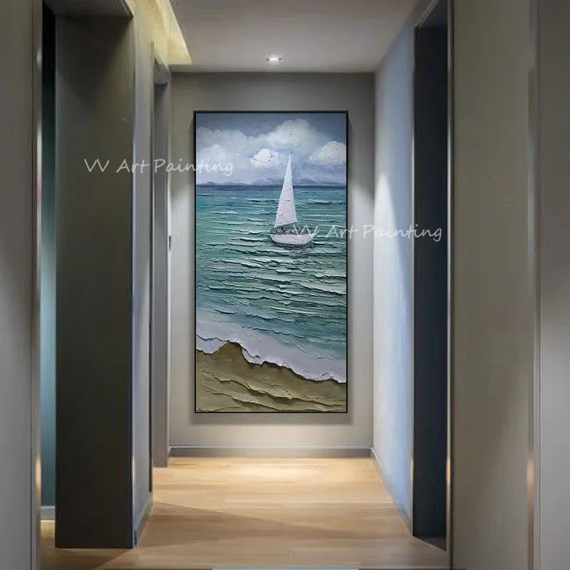 

Large size modern simple ocean seaside boat white cloud 100% Handpainted Original Abstract Oil Painting Canvas Decoration Gift