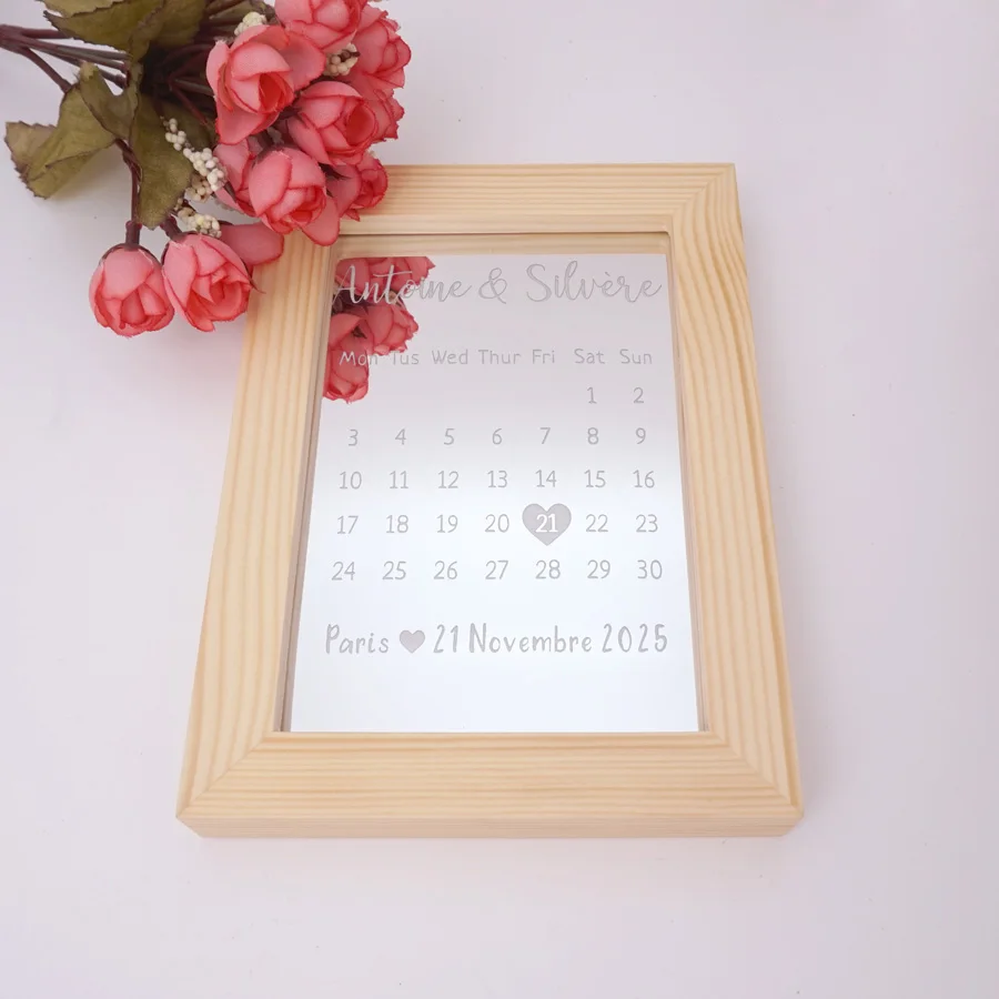 

Personalized Party Decor Photo Frame With Acrylic Wedding Calendar Frame Table Decoration Custom Bride Name Wooden & White Color