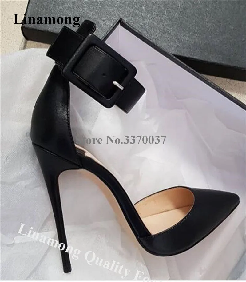 Linamong Elegant Fashion Pointed Toe Stiletto Heel Pumps Ankle Strap Buckle Red Black Gold High Heels Formal Dress Shoes