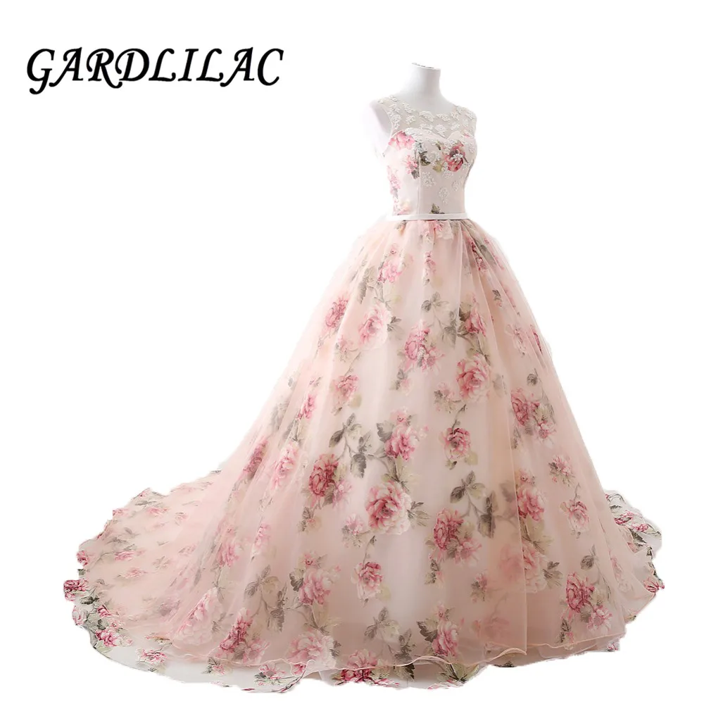 

Gardlilac Long Evening Dresses With Lace Appliques Printed Floral Formal Prom Dress For Women Real Photo Robe De Soiree