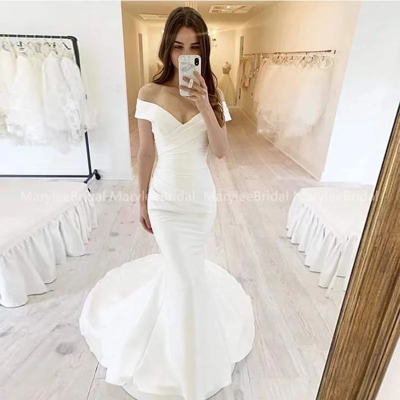 

Off Shoulder Pleat Mermaid Wedding Dress Long Chapel Train White Ivory Satin Vestido De Noiva Formal Bridal Dresses For Women