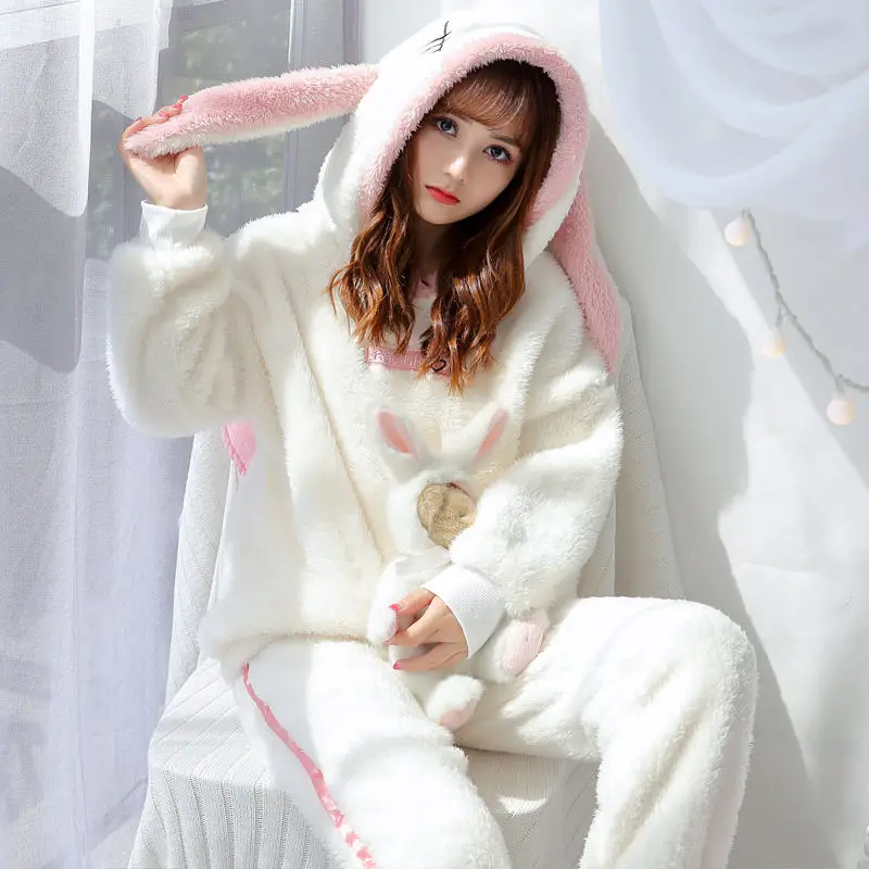 2 Pcs Winter Women Pajamas Sets Sleepwear Long Sleeves Warm Pajama Soft Sleep Suits Pyjamas Cute Animal Female Homewear