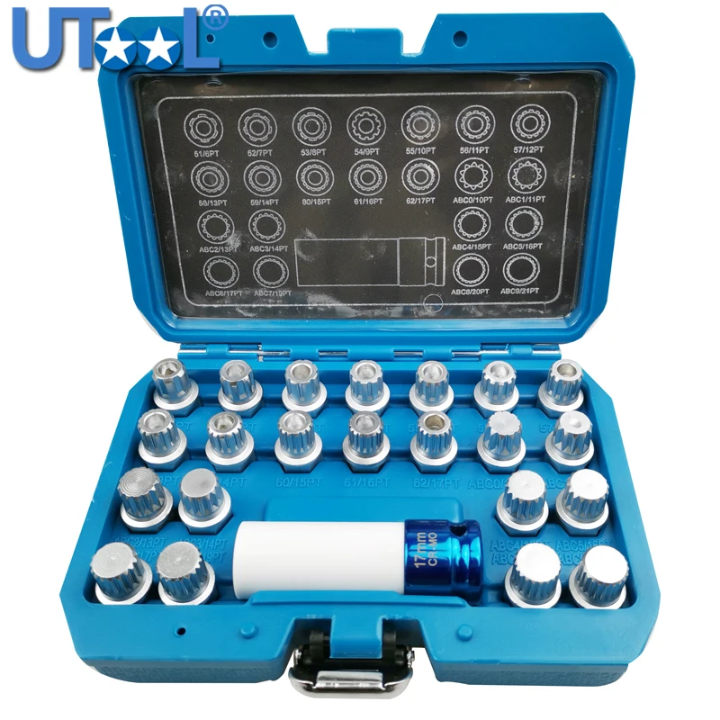 

23Pcs Tire Anti-Theft Screw Disassembly Tool Key Sleeve Removal Key Socket For Volkswagen AUDI 1/2 Inch 12.7mm Socket Adapter