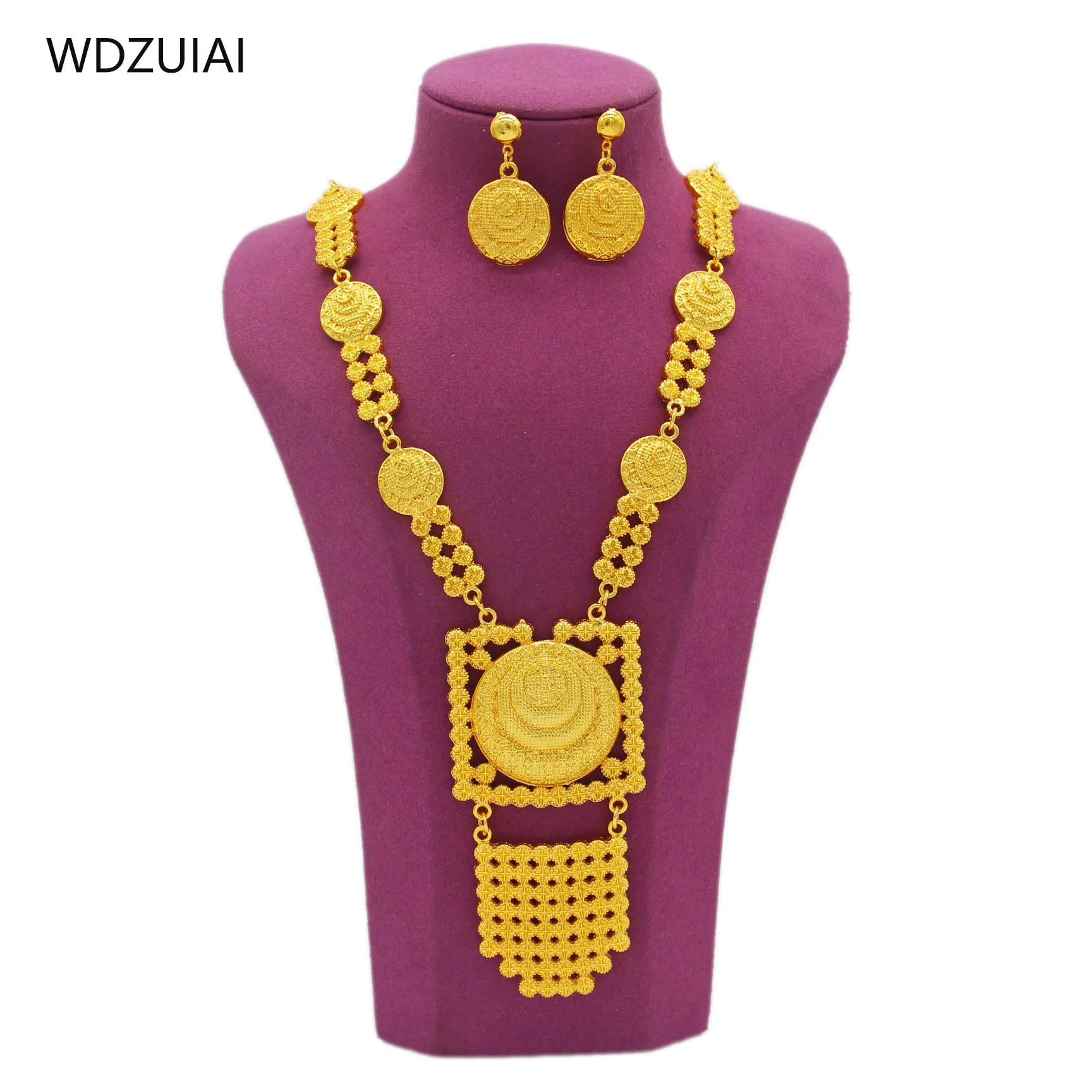 WDZUIAI New Luxury Round Shape 24K Gold Color Necklace&Earring Jewelry Set African Australian Women Bridal Wedding Charm Jewelry