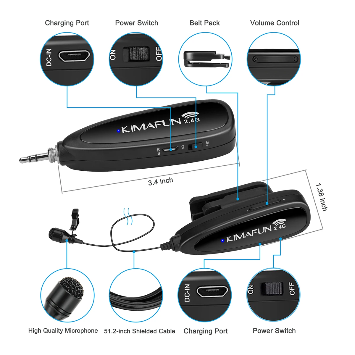 KIMAFUN 30-50m 2.4G Lavalier Wireless Mini Microphone for iphone Android Camera Laptop MAC for Youtube recording pc microphone