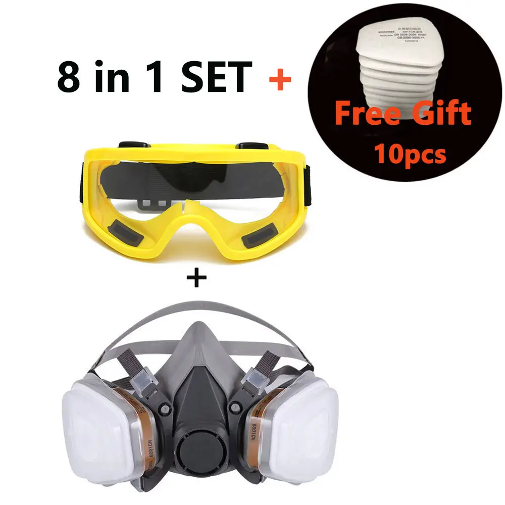 8-In-1 6200 Dust Gas Mask With Safety Goggles Half Face Gas Respirator For Painting Spraying Polishing Work Safety +10 Filters