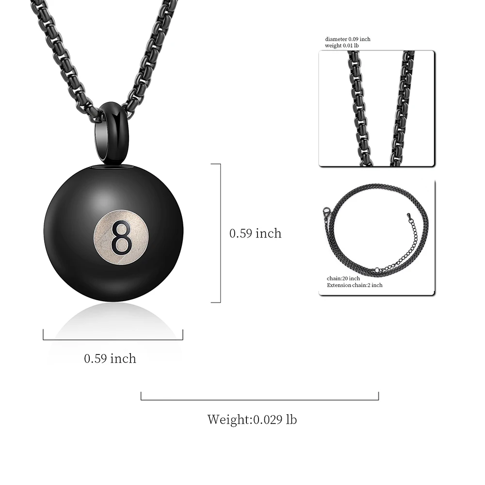 Black 8  Billiards  Stainless Steel Cremation Urn Necklace For Ashes Of Loved Ones Keepsake Memorial Jewelry Women Men Pendant