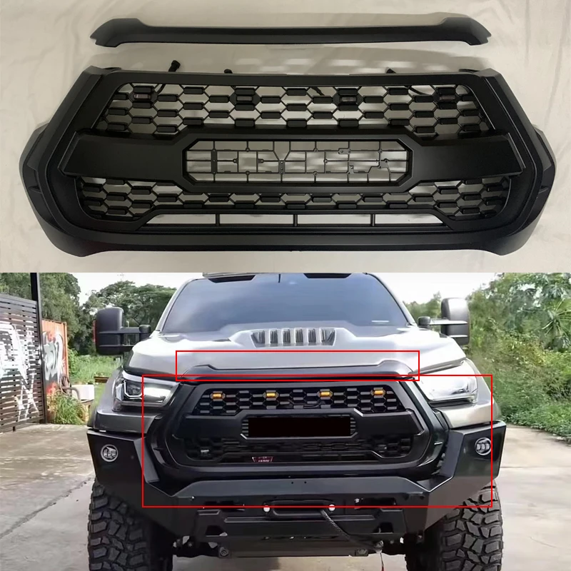 

Modified Front Racing Grills For Hilux Revo 2021 2022 2023 Car Grille Bumper Mask Mesh Cover Bonnet Scoop Hood Trims Amber LED