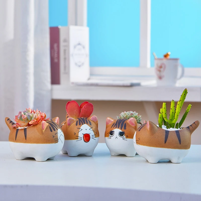 Ceramic Cat Succulents Flower Pot Cute Cartoon Mini Animal Planter Bonsai Cactus Plant Pots Desktop Decor Creative Gift