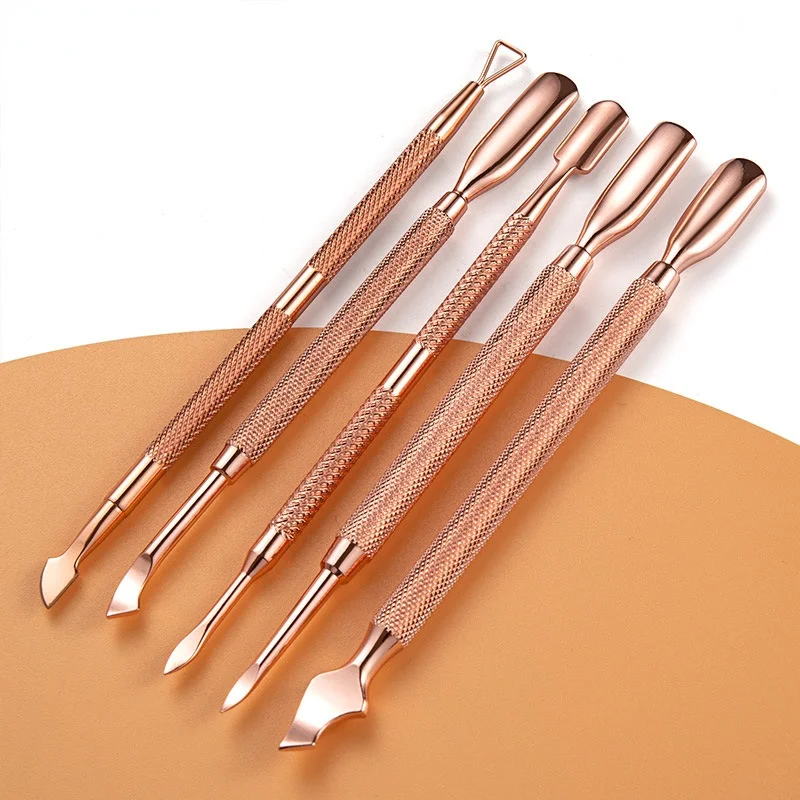 New Stainless Steel Rose Gold Double-headed Steel Pusher Dead Skin Scissors Polish Gel Remover Manicure Pedicure Nail Care Tools