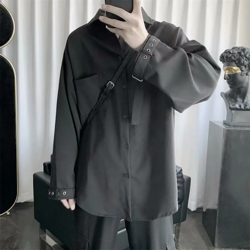 

Idopy Men Long Sleeve Shirts Loose Fit Patchwork Shirts Gothic Street Punk Tops For Male Fashion Camisa Masculina