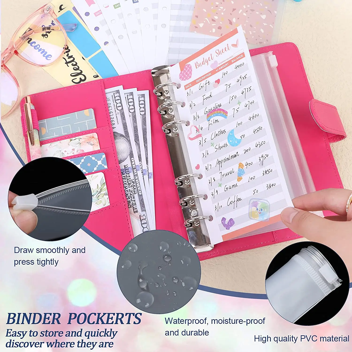 A6 Binder Budget Cash Envelopes Organizer System,12 Expense Budget Sheets, 8 Zipper Binder Pockets, for Saving Money Planner