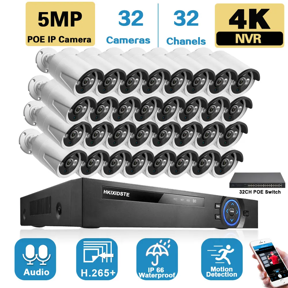 32 Channel 4K NVR Kit 5MP POE CCTV Camera Security System Kit 32CH XMEYE POE IP Camera Video Surveillance System Set H.265 24CH