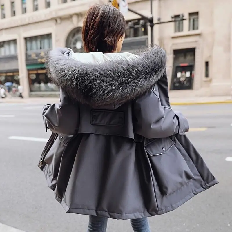 Nice Pop Hooded Down Jacket Winter Jacket Coat Women'S Long Slim Fur Collar Coat Parkas Warm Belt Lace Up Snowsuit