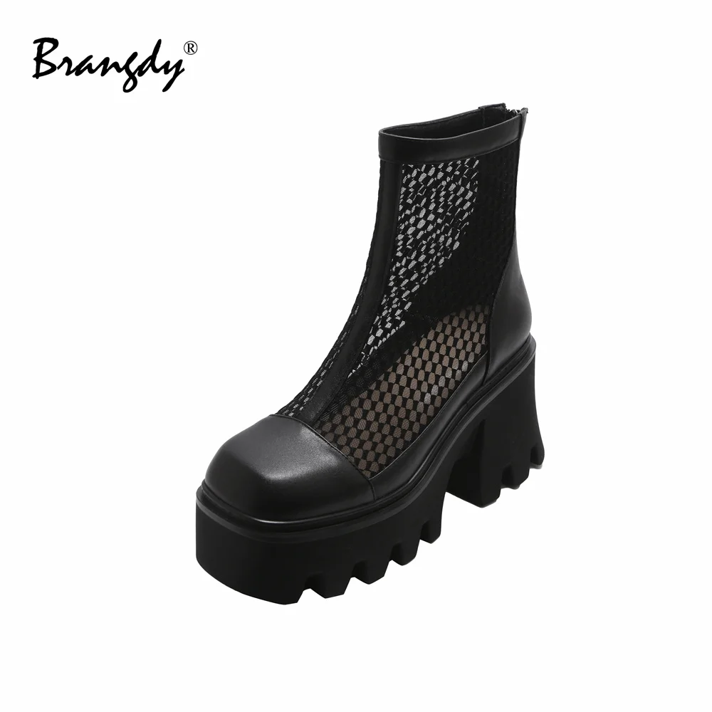 

Brangdy Hollow Women Ankle Boots Genuine Leather Square Toe Chunky Heels Mesh Womens Goth Shoes Zipper Women Sandals Size 34-41