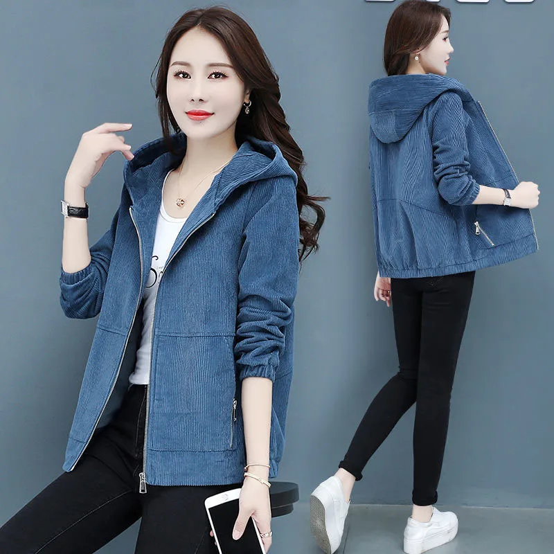 2022 New Women Corduroy Jackets Spring Autumn Solid Color Loose Outwaer Female Casual Middle-aged mother Hooded Overcoats R811