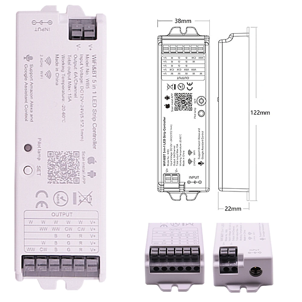 WB5 WIFI Bluetooth 5 in 1 Controller striscia LED 5CH supporto Tuya APP Alexa e assistenza Google controllo vocale telecomando RGB + CCT