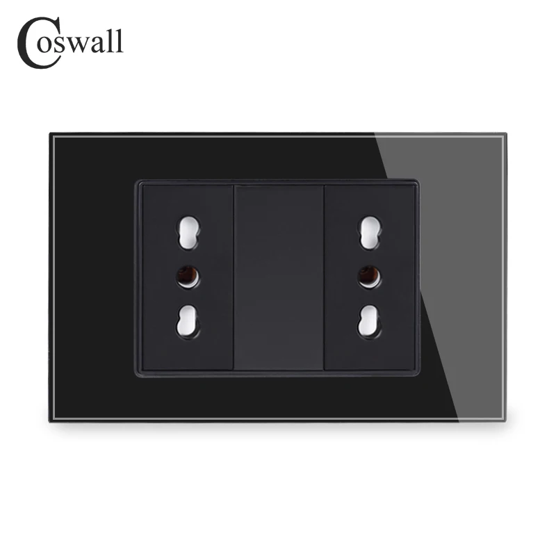 Coswall Black Tempered Glass Panel Wall Power Socket Universal EU / Italian / Chile Outlet With Children Protective Door