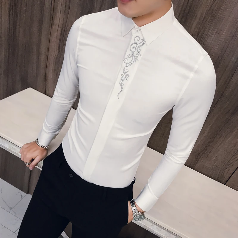 2023 Jesienna koszula męska z haftem Camisa Hombre z długim rękawem Slim Fit Męska biznesowa koszula codzienna Formalna koszula klubowa towarzyska