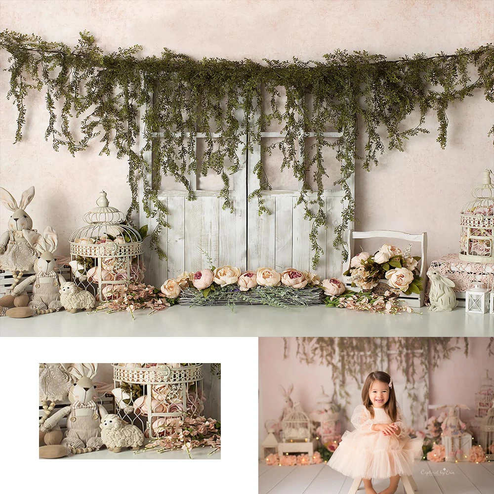 Cake Smash-Toile de fond de photographie florale pour nouveau-né, arrière-plan de lapin, porte en bois, rose, fille, photobooth, décors de studio