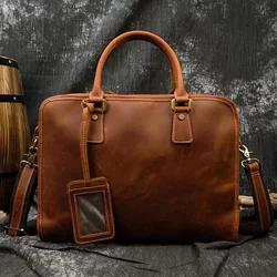 Luufan-maletín de doble capa con cremallera para ordenador portátil, bolso Vintage de moda para hombre, bolso de negocios con múltiples bolsillos, de cuero grueso