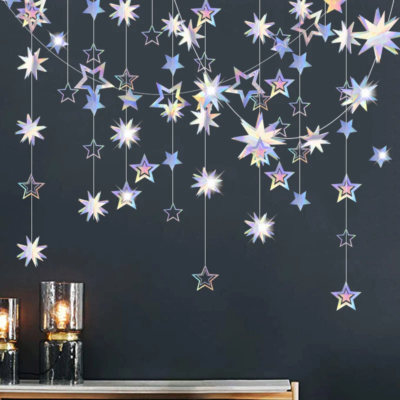 4m Laser Mirror Paper Star Garland Flash Banner Happy Birthday Decoration Kids Baby Shower Curtain Decor Wedding DIY Supplies