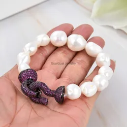 GuaiGuai Jewelry 8'' White Baroque Pearl Bracelet CZ Clasp For Women Lady Jewelry Gift