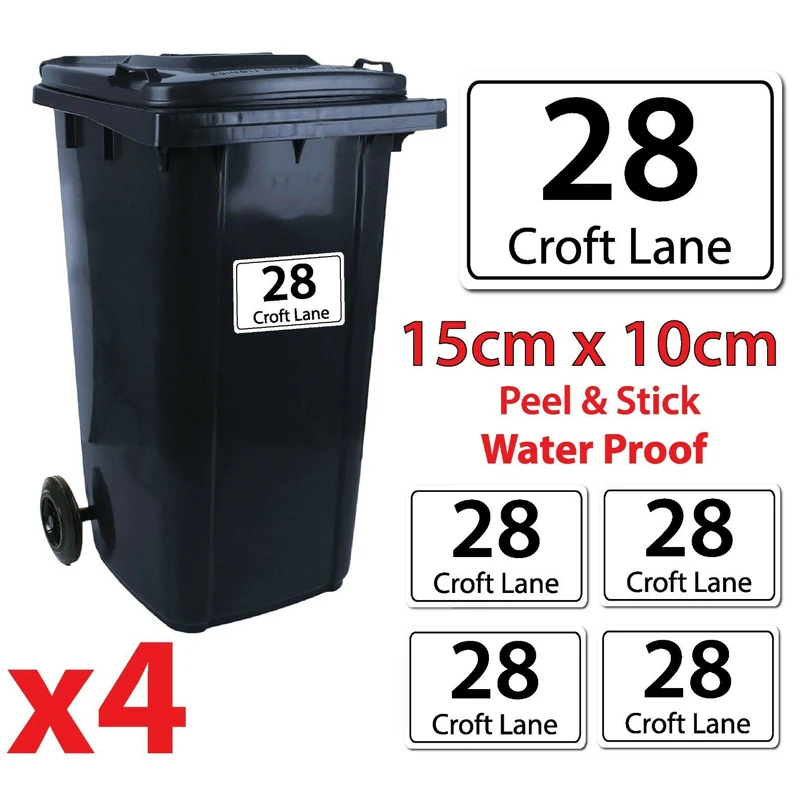 4 X Waterproof Vinyl Wheelie Bin Custom House Numbers And Road Street Name Household Stickers Sign A6