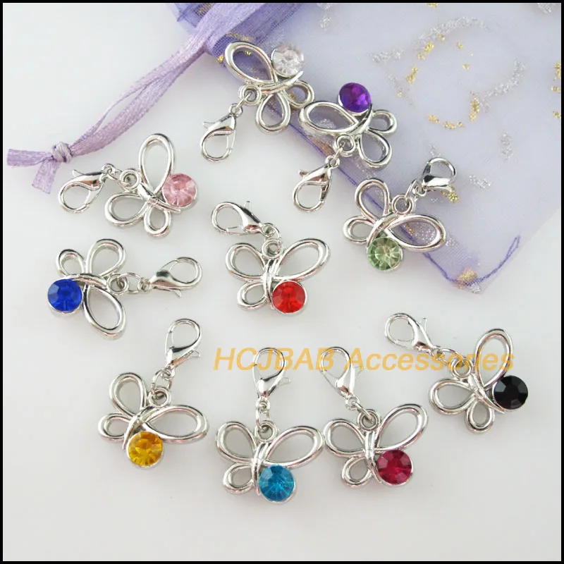 20Pcs Dull Silver Plated Mixed Crystal Butterfly Charms With Lobster Claw Clasps 14x19mm