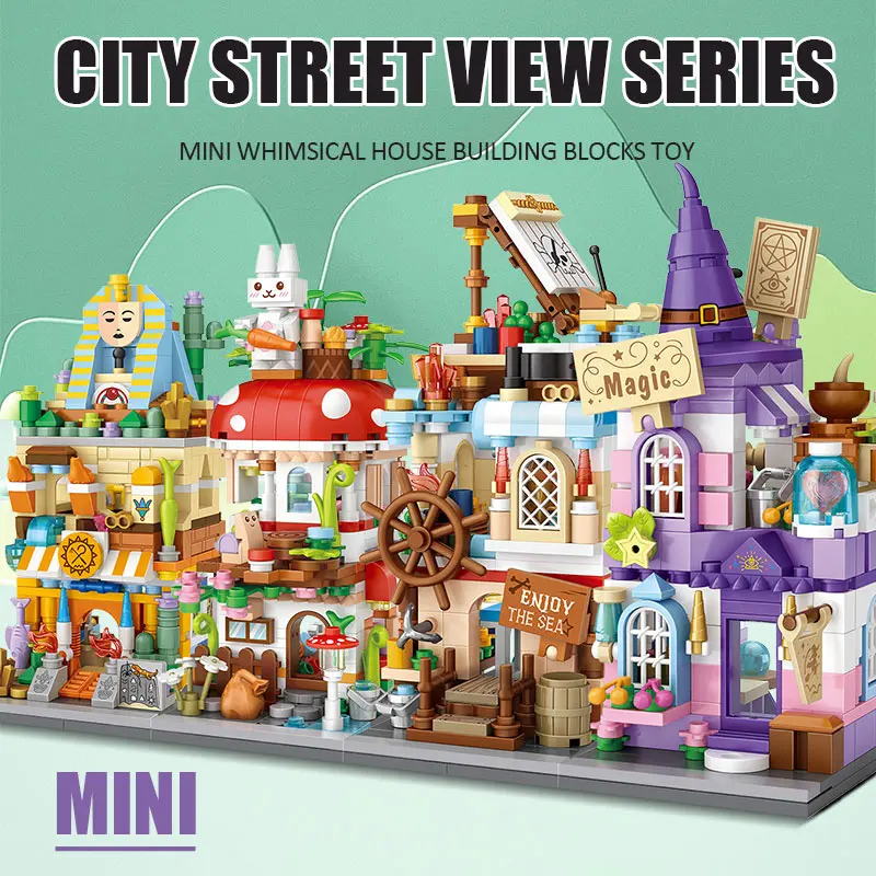 City 4 IN 1 Mini Street View Magic Castle Architecture Building Blocks Friends Mushroom House Figures Bricks Toys For Kids Gifts