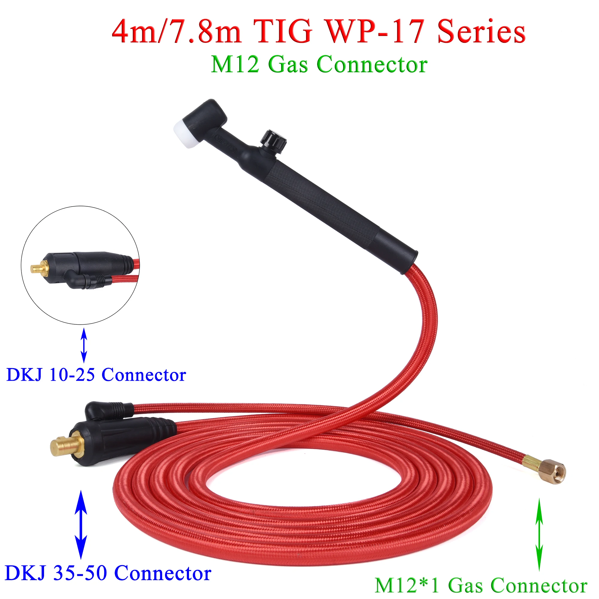 4M/13ft 7.8M/25.6ft WP17F 17FV Hàn TIG Đèn Pin Ống Mềm Cáp Dây M12 * 1mm Khí Cổng Kết Nối DKJ 10-25 35-50 Cổng Kết Nối Điện