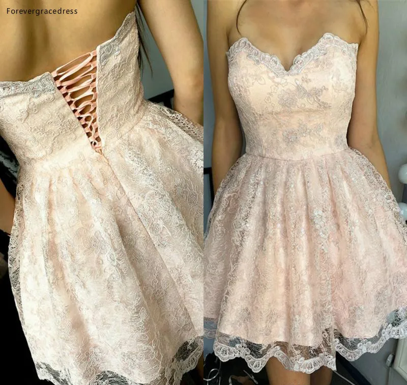 2019 Cheap Blush Pink Lace Short Cocktail Dress A Line Sweetheart Juniors Sweet 15 Graduation Party Dress Plus Size