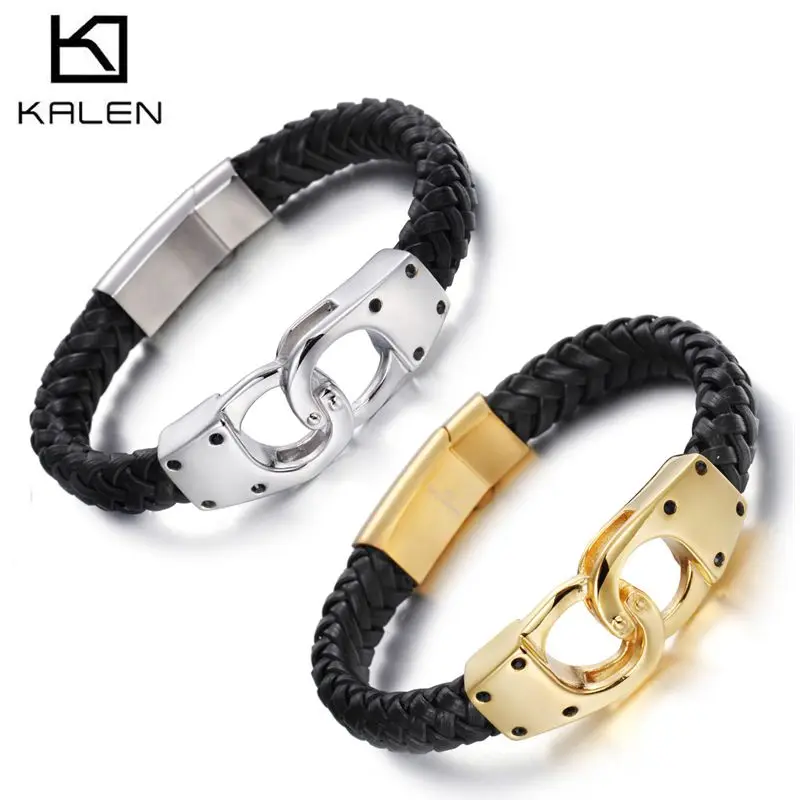 

Kalen Italian Gold Color Handcuff Leather Bracelets For Men Fashion Stainless Steel 22CM Cheap Braided Leather Bracelets Jewelry