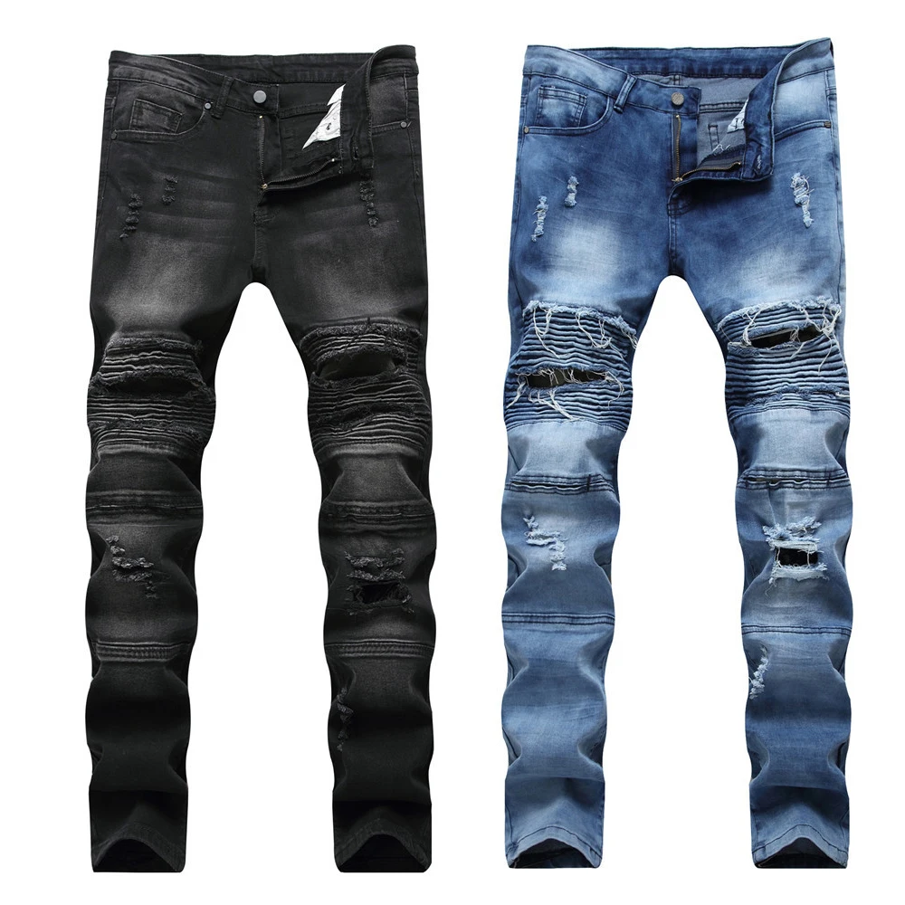 

Men’s High Quality Low Stretch Denim Pants,Slim-fit Ripped Jeans,Hole Patched Moto&Biker Jeans,Street Fashion Casual Jeans;