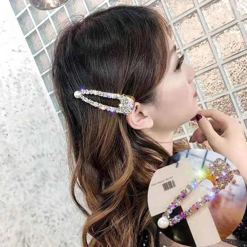 Korea Shiny Rhinestones Hair Clips Women Crystal Hairpin Geometric Waterdrop Imitiation Pearl Hair Accessories Girl Dropshipping