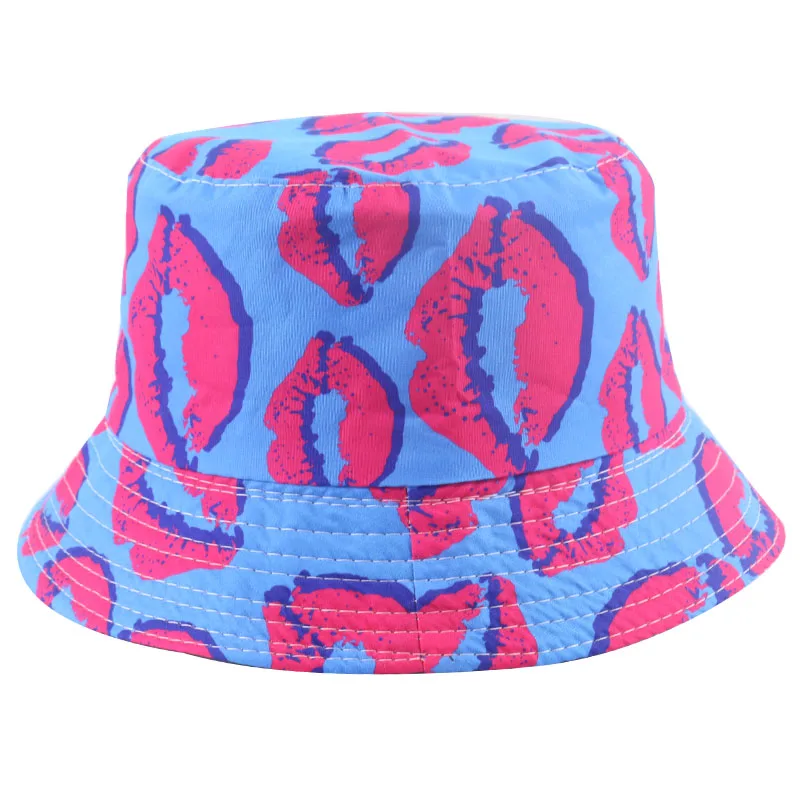 FOXMOTHER New Fashion Blue Pink Lips Print Bucket Hats Fisherman Caps For Women Gorras