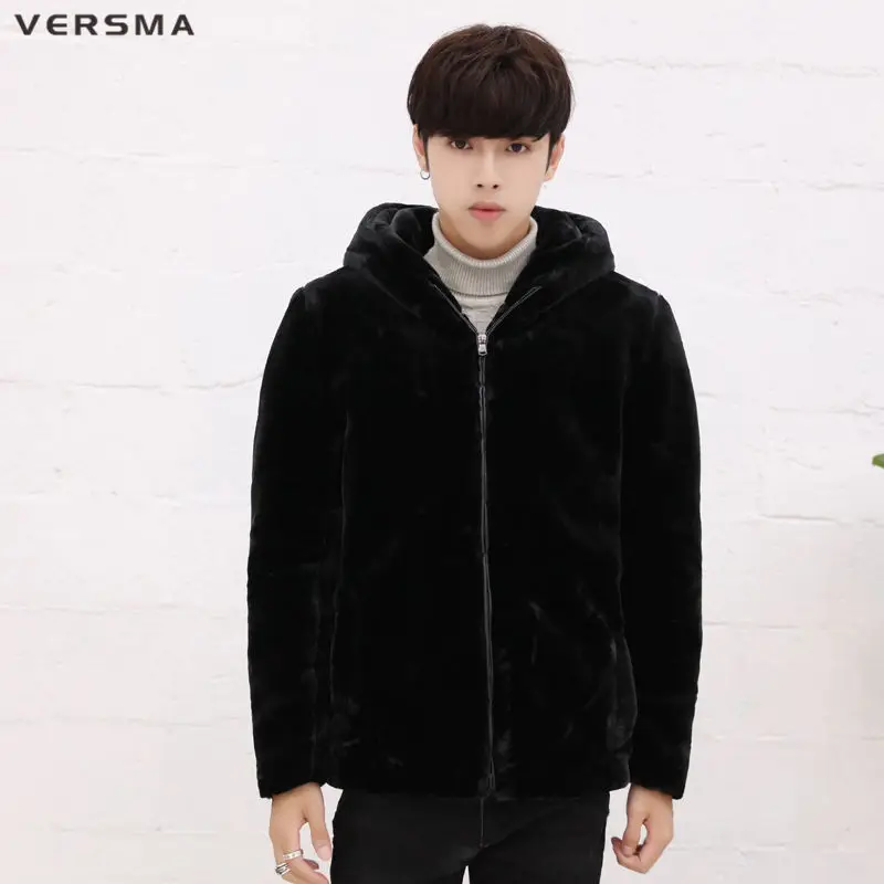 

VERSMA Korean Style Clothing Men Slim Fit Faux Fur Fabric Jackat Coat Thick Velvet Youth Russian Winter Coats Men Dropshipping