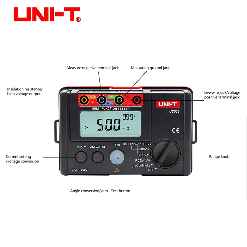 UNI-T Digital Electrical Meter Insulation Resistance Tester AC DC Voltmeter UT526 RCD Test / Low Resistance Continuity Measure