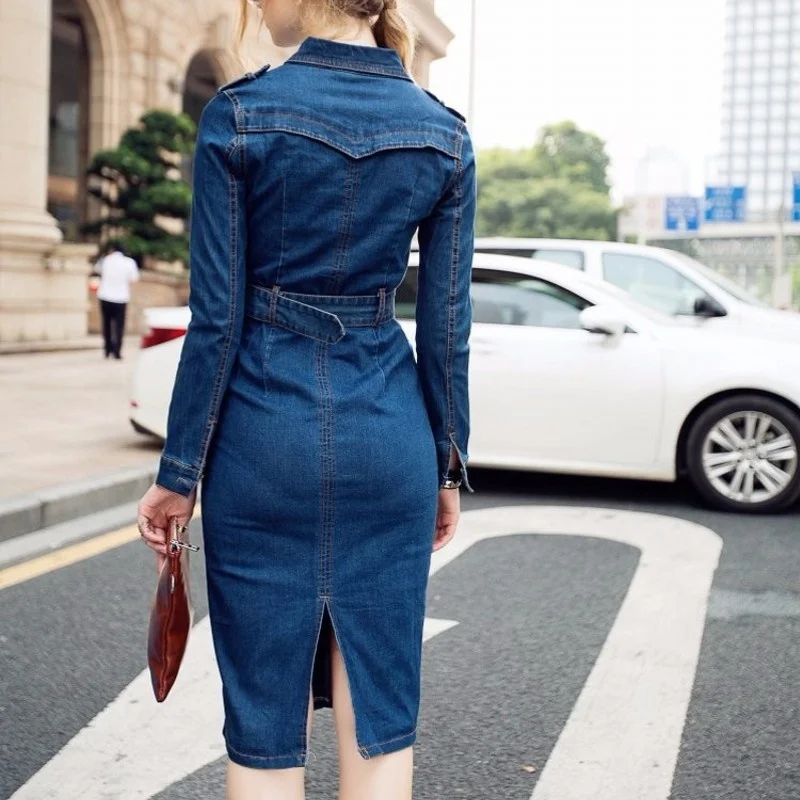 Women New Slim Fit Dress Lady Denim Long Vestidos Summer Dresses Belted Chic Blue Vogue Robe Femme