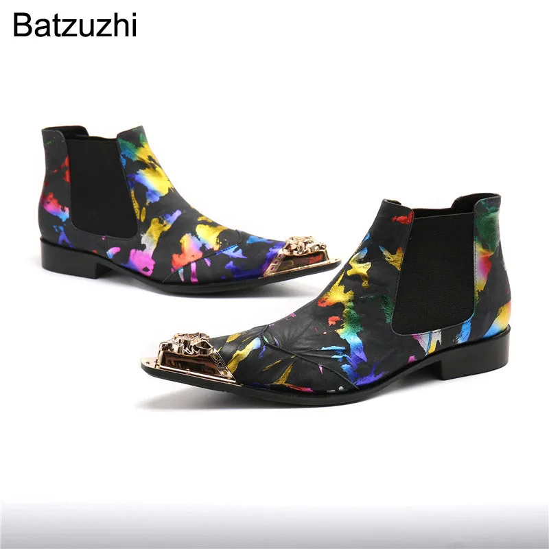 

Batzuzhi Men Shoes Puck Fashion Golden Metal Toe Genuine Leather Ankle Boots Men Black Color Rock Party/Motorcycle Botas Hombre