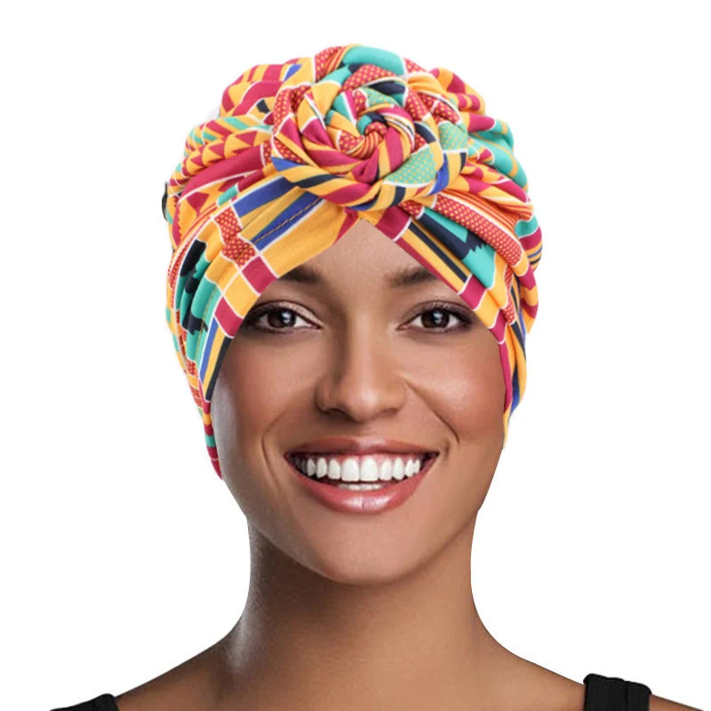Afrikanische Druck Turban Hut für Frauen Scrunchies Knoten Headwrap Stretch Bandanas Party Headwear Damen Kopftuch Haar Zubehör – Detail 2