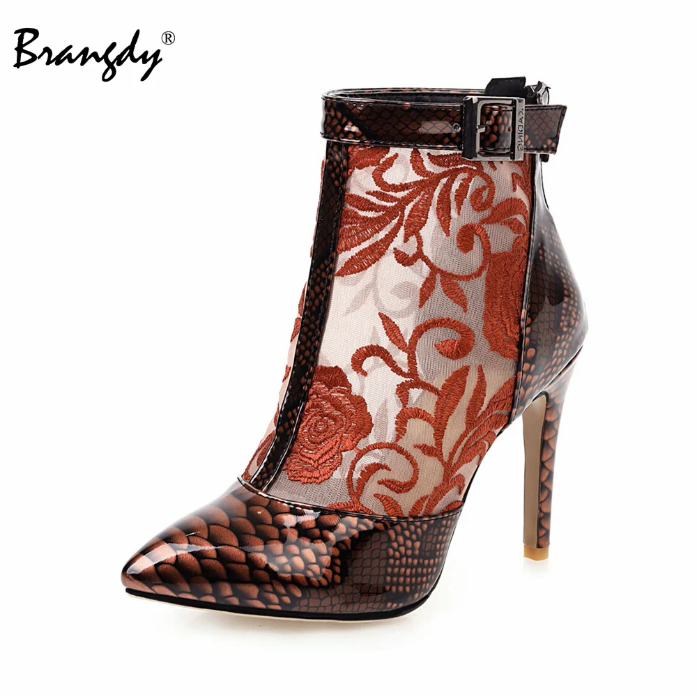 Brangdy Sexy Women Pumps Embroidery Ankle Boots PU Scales Women High Heels Shoes Mesh Pointed Toe Women Thin Heels Shoes Zipper